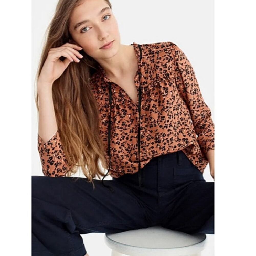 Point‎ Sur Blossom Print Silk Popover Blouse Tan Black Size XS